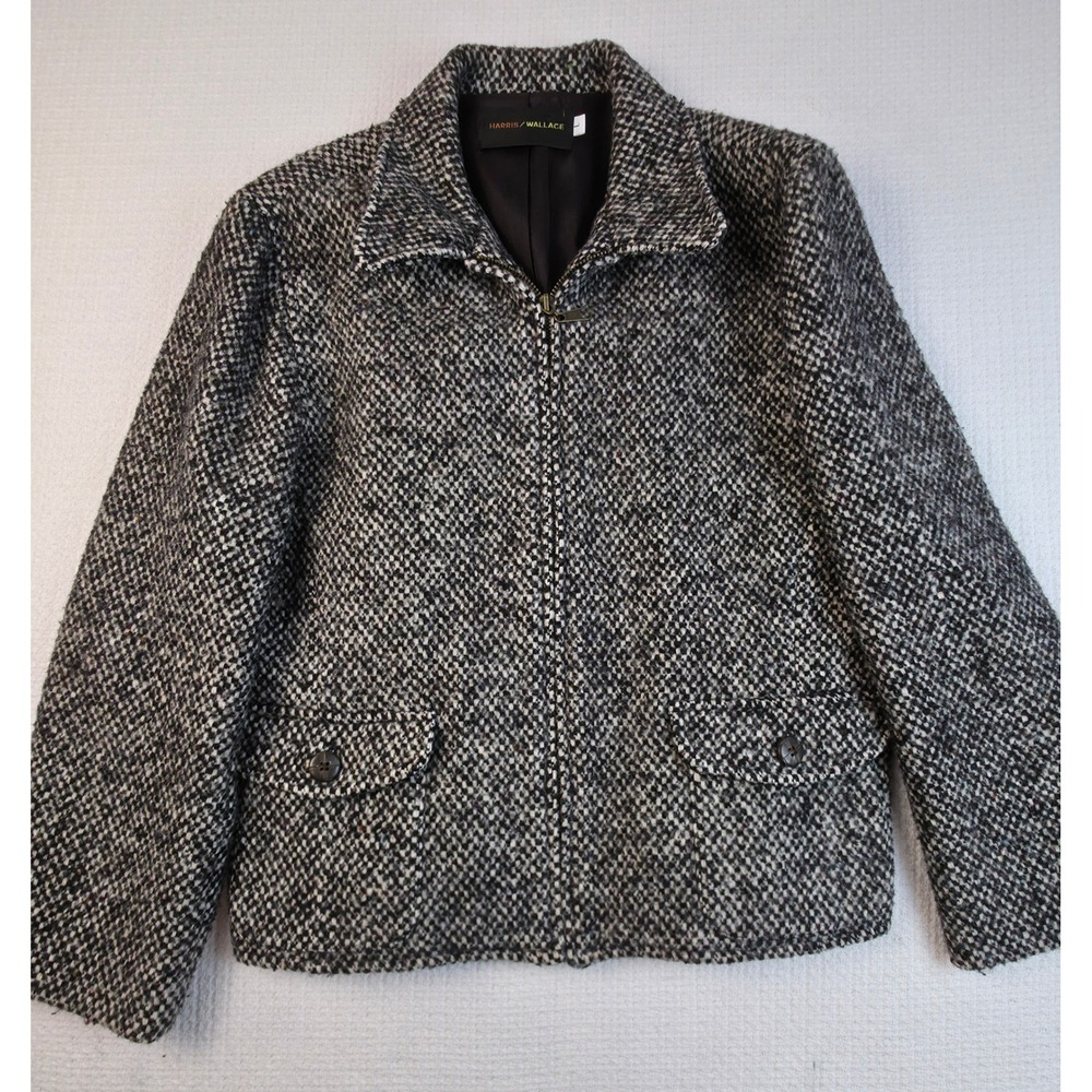Harris Wallace Womens L Tweed Jacket BlackWhite Houndstooth Wool Blend Zip Front